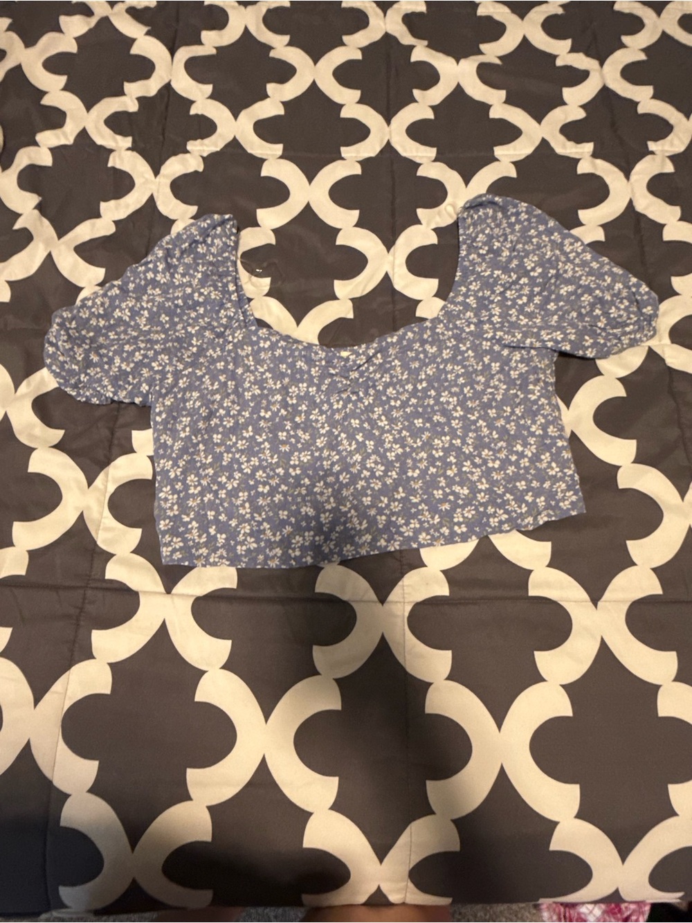 Blue Floral Puff-Sleeve Crop Top